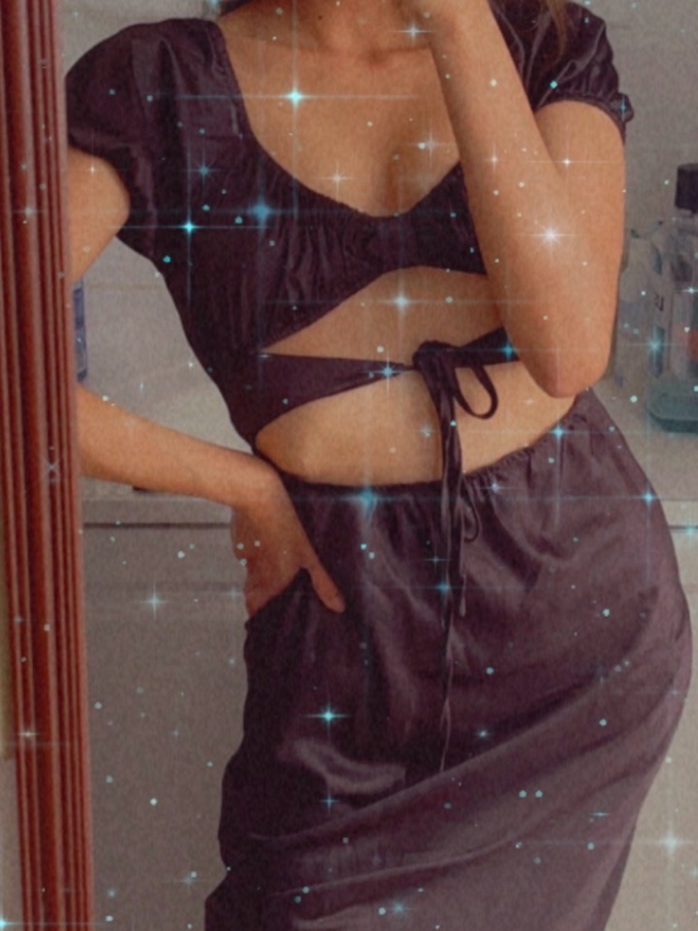 SATIN BLACK CUTOUT TIE AROUND MAXI DRESS